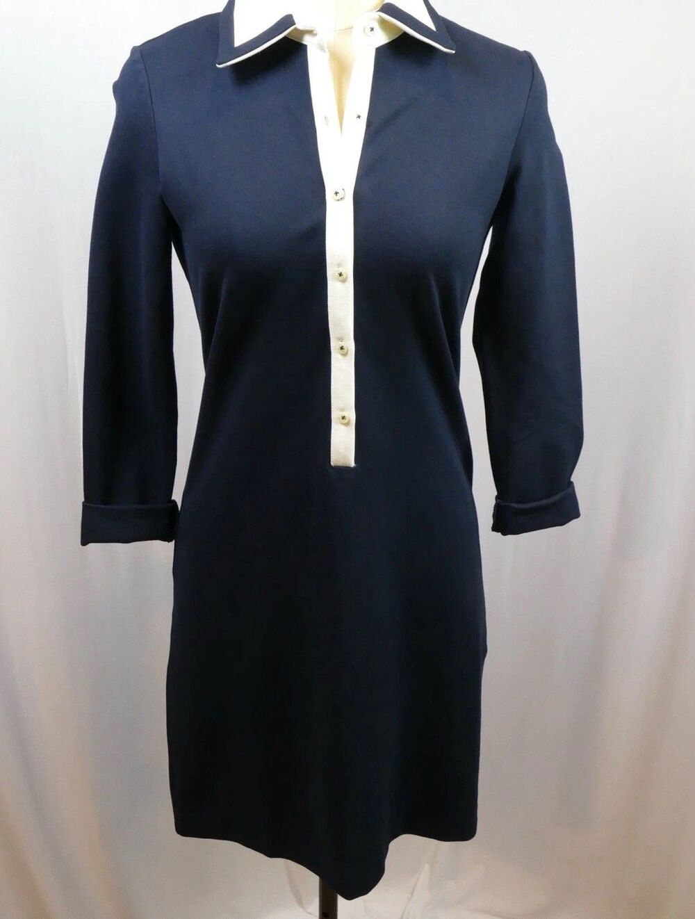 El Ganso Navy Blue Knit Polo Dress White Contrast Collar Long Sleeve Preppy